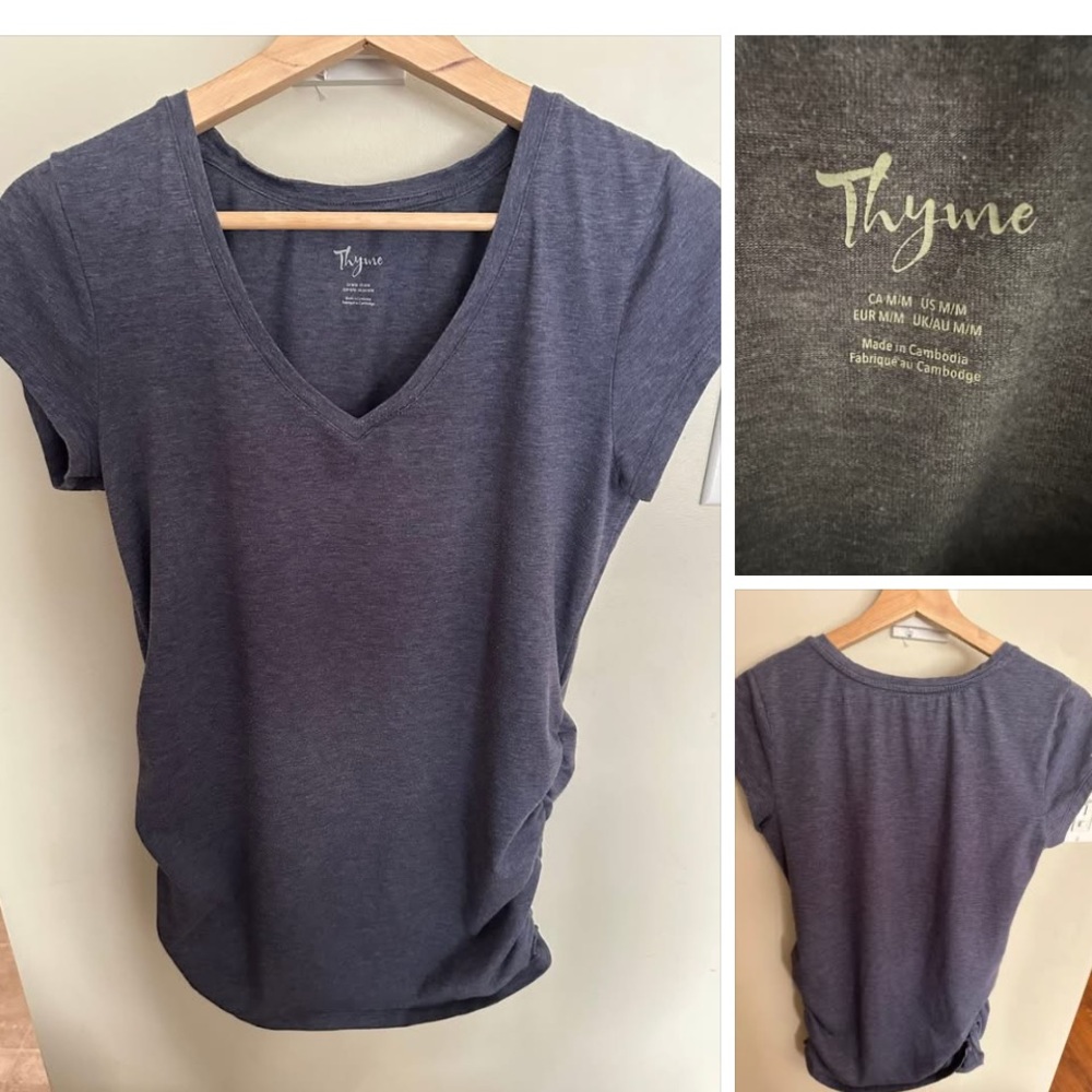 13/$20 Thyme Maternity Short Sleeve V-Neck Tee in Heather Navy M
